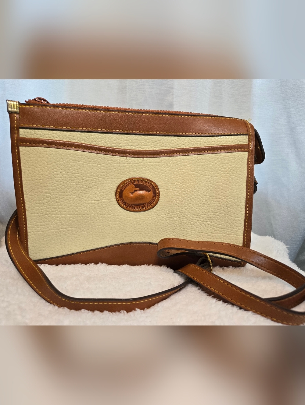 Dooney & Bourke Cream and Brown Leather Pebbled Crossbody Bag